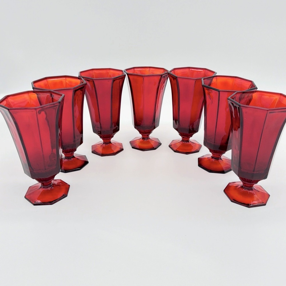 Independence Glass Ruby Red Amberina Octagonal Footed Goblets Set of 7 Mint